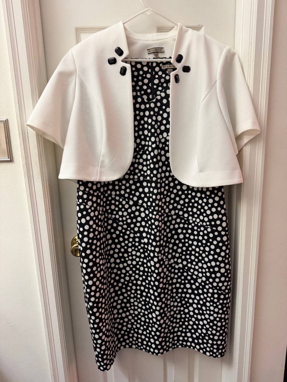 Black and White Polka Dot Midi Dress with White Cropped Jacket
